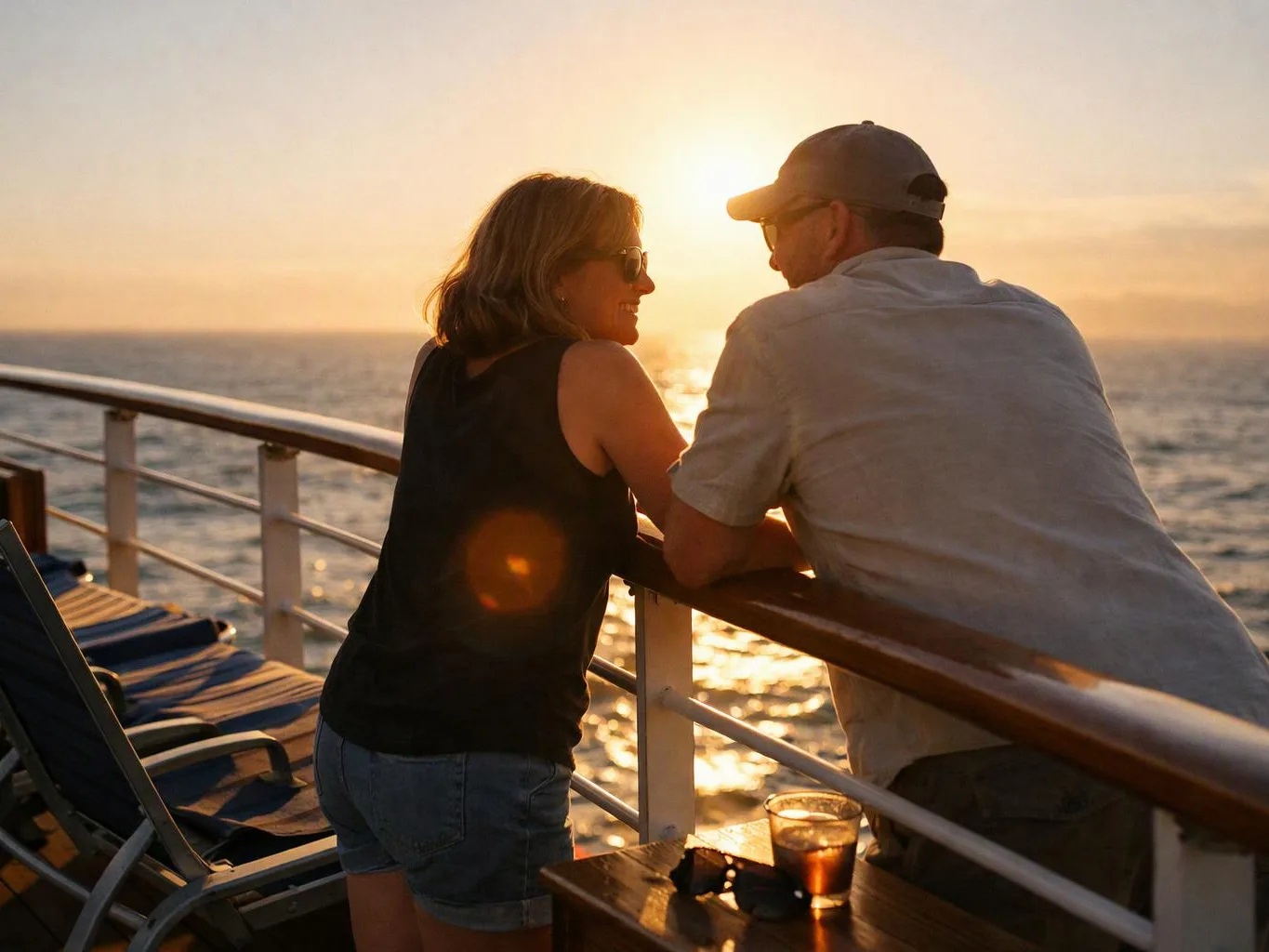 A man and woman lean on a ship railing, chatting at sunset over the ocean