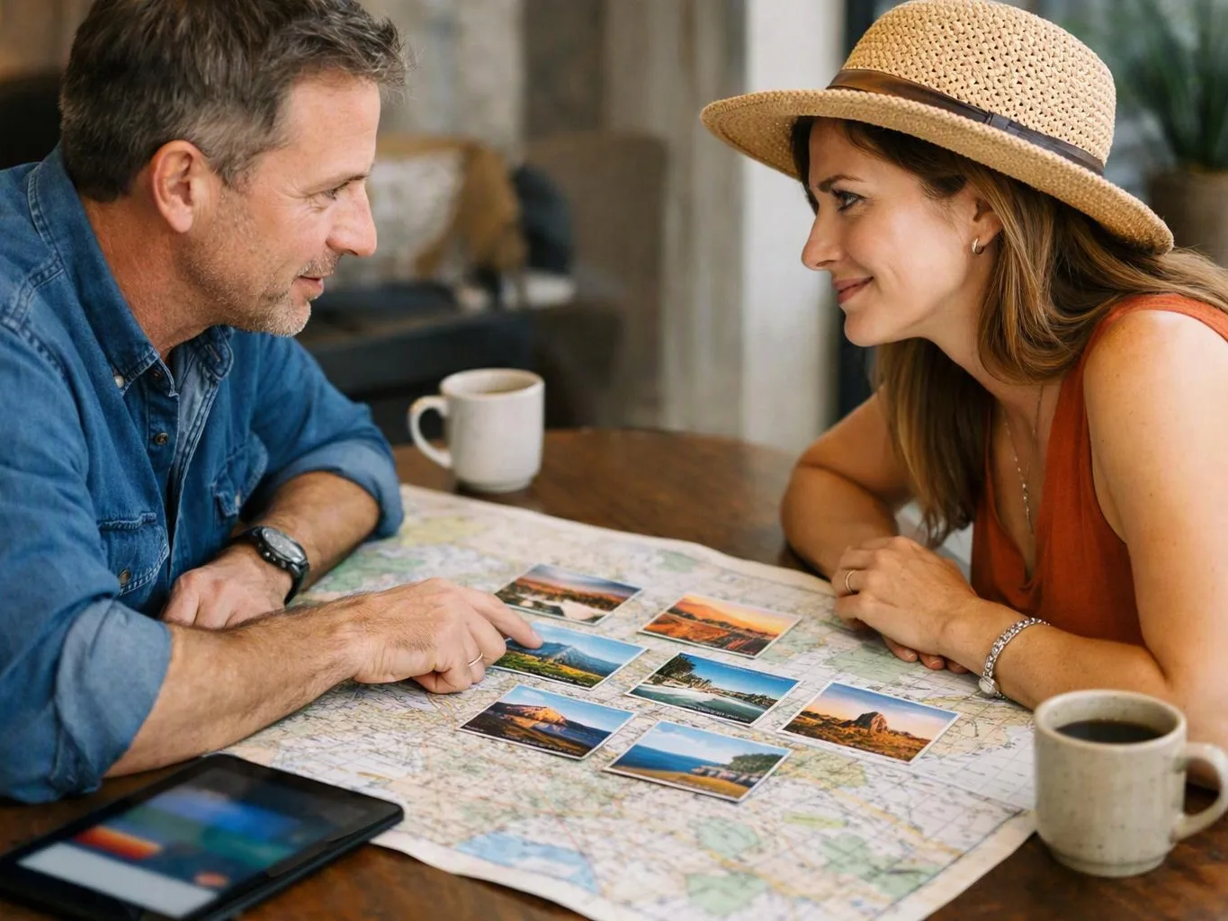 A man and woman study travel photos spread over a map at a table, with coffee mugs nearby