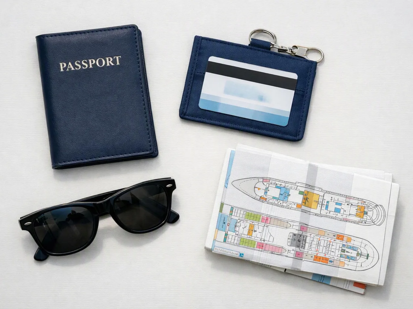 A passport, card holder, sunglasses, and folded cruise ship deck plan rest on a white surface