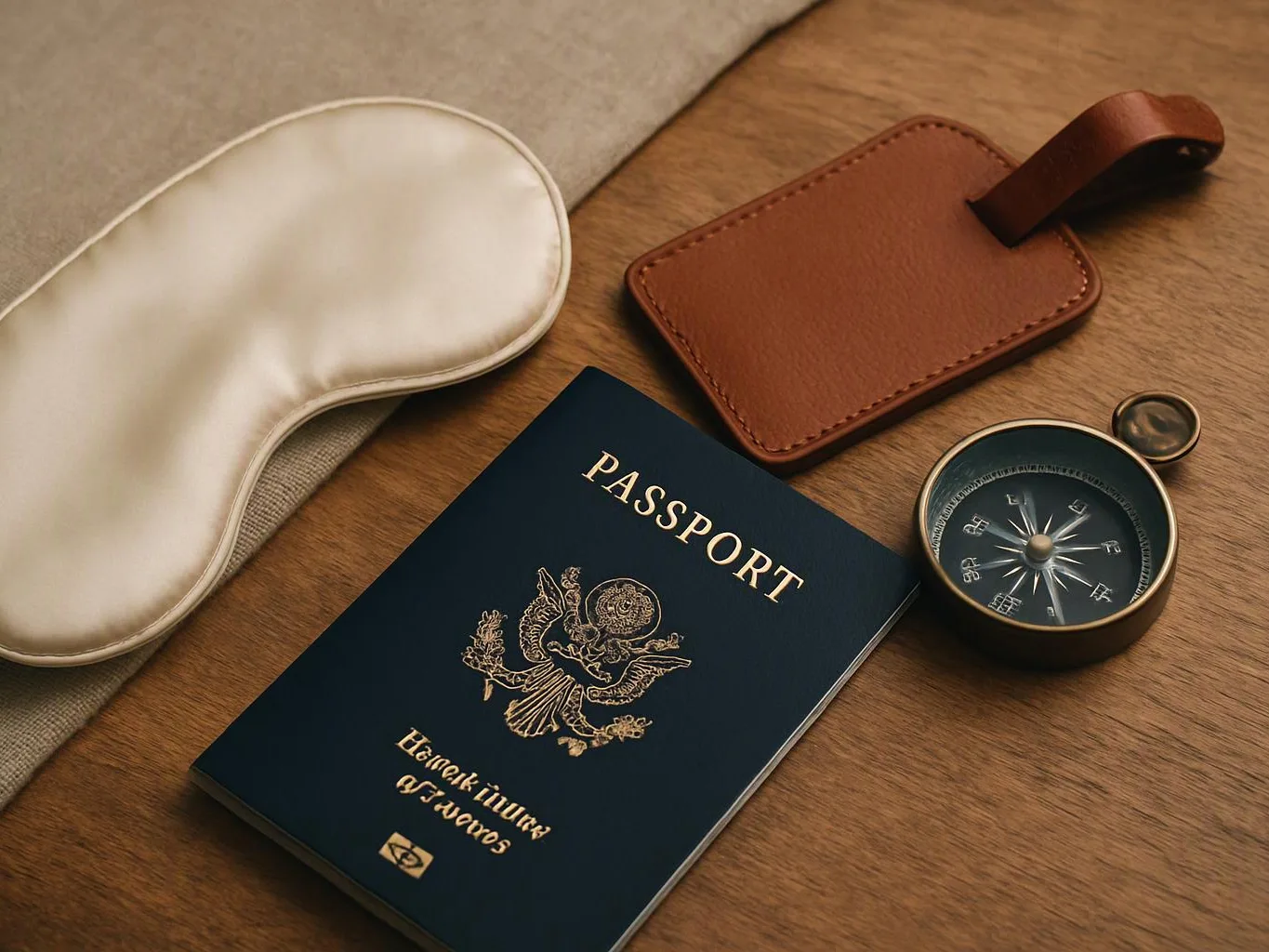 A passport, sleep mask, luggage tag, and compass rest on a wooden surface