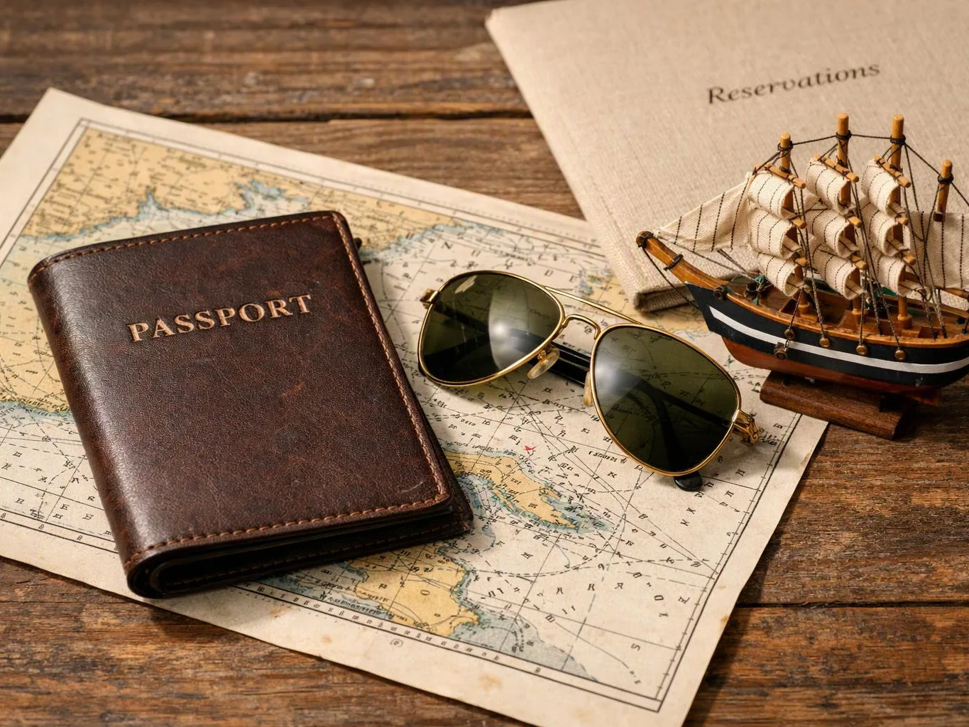 A passport, sunglasses, map, reservations folder, and model sailboat rest on a wooden table