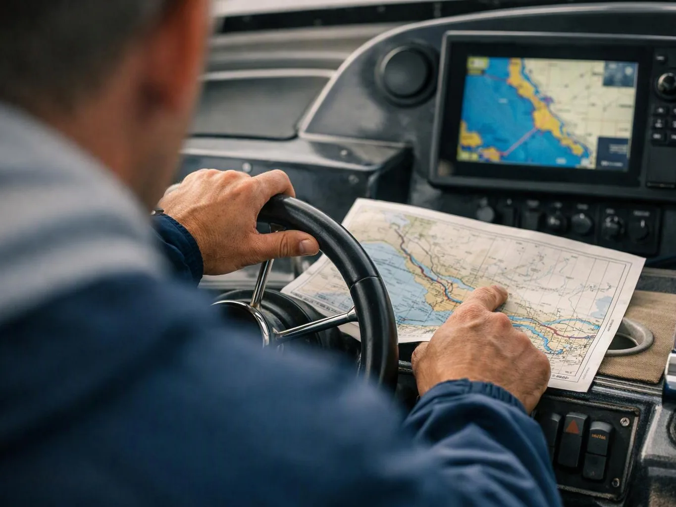 A person steers a boat while studying a paper map and a navigation screen in the cockpit