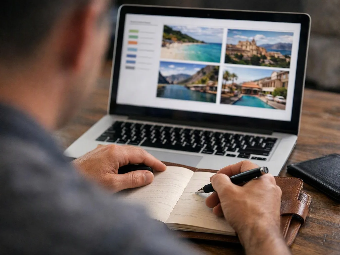 A person writes in a notebook beside a laptop showing a four-photo travel gallery