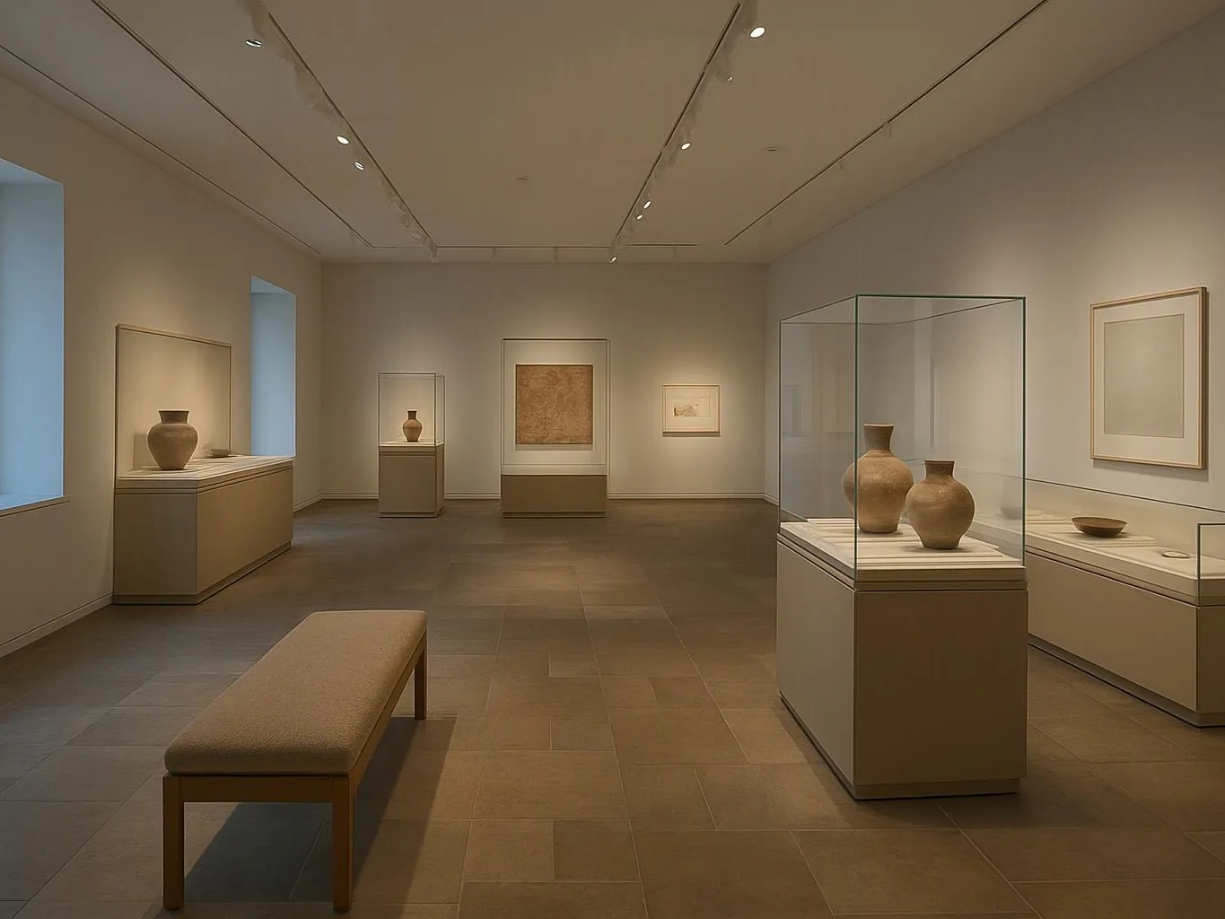 A quiet museum gallery displays pottery in glass cases and framed art under soft ceiling lights