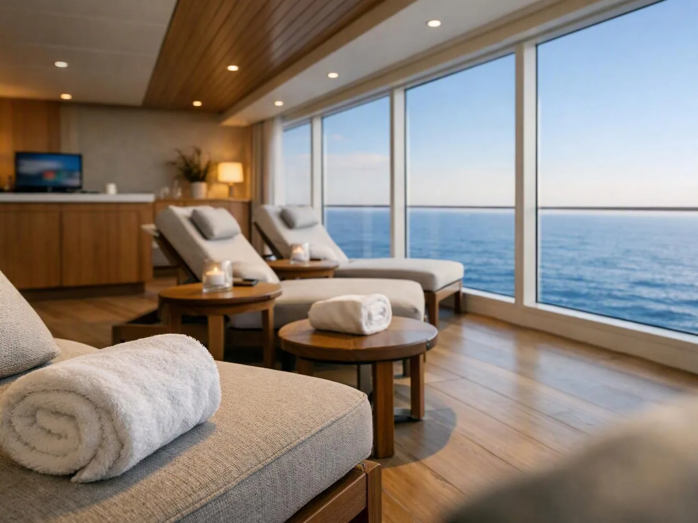 A quiet spa lounge has reclining chairs, rolled towels, warm lights, and wide windows overlooking the ocean