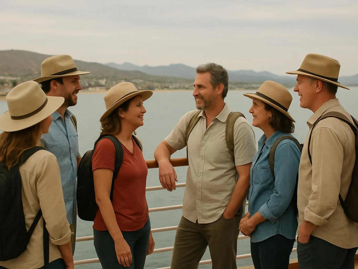 Six hikers in straw hats chat on a railing above calm water with mountains behind them