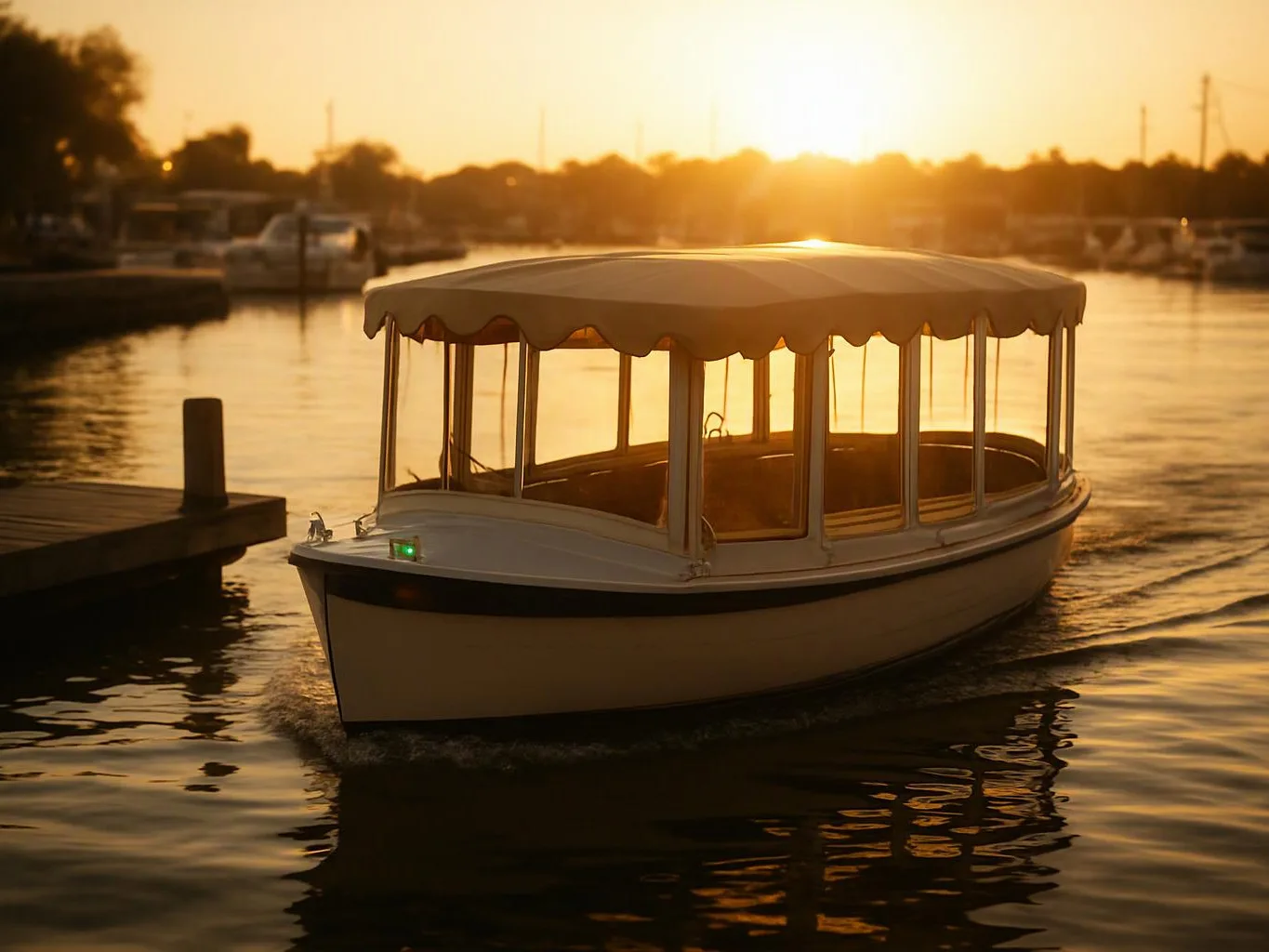 A small covered boat glides past a dock on calm water at sunset