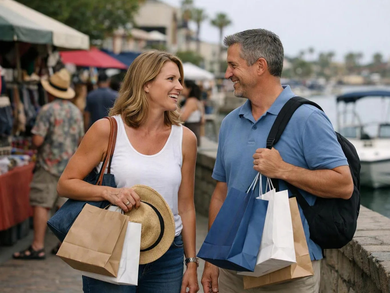 A smiling couple carries shopping bags and chats beside a waterfront market with boats in the background