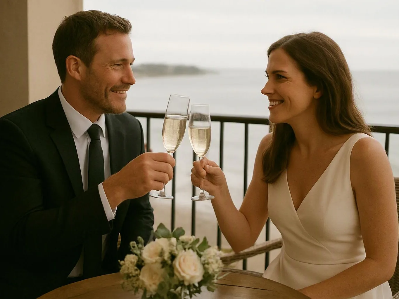 A smiling couple in formal clothes clinks champagne glasses at a seaside table
