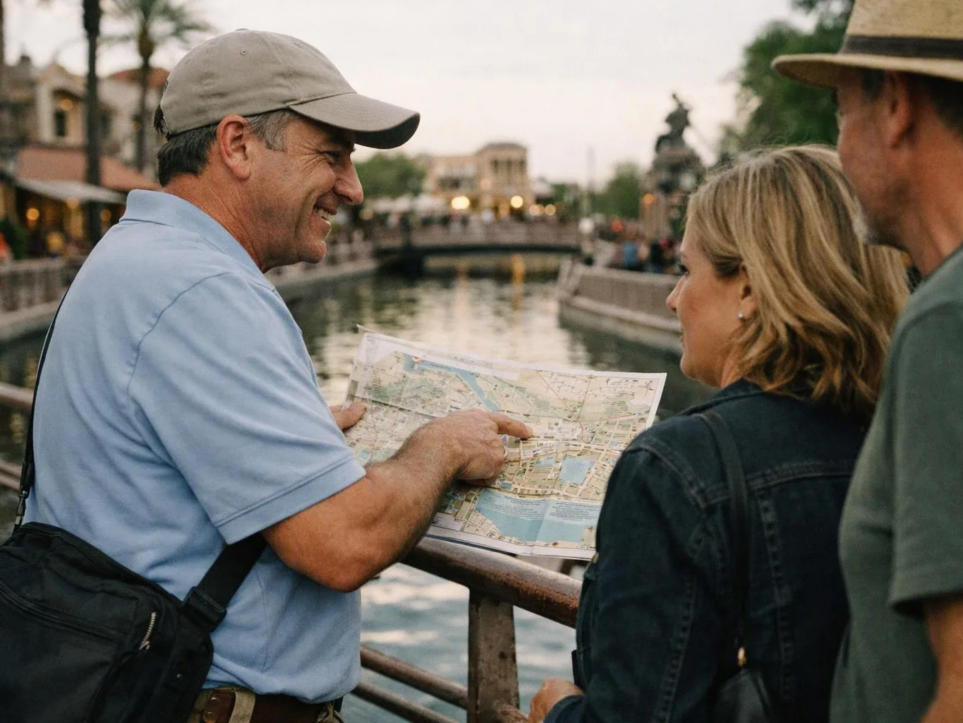 A smiling man points at a paper map while standing beside two companions on a canal walkway
