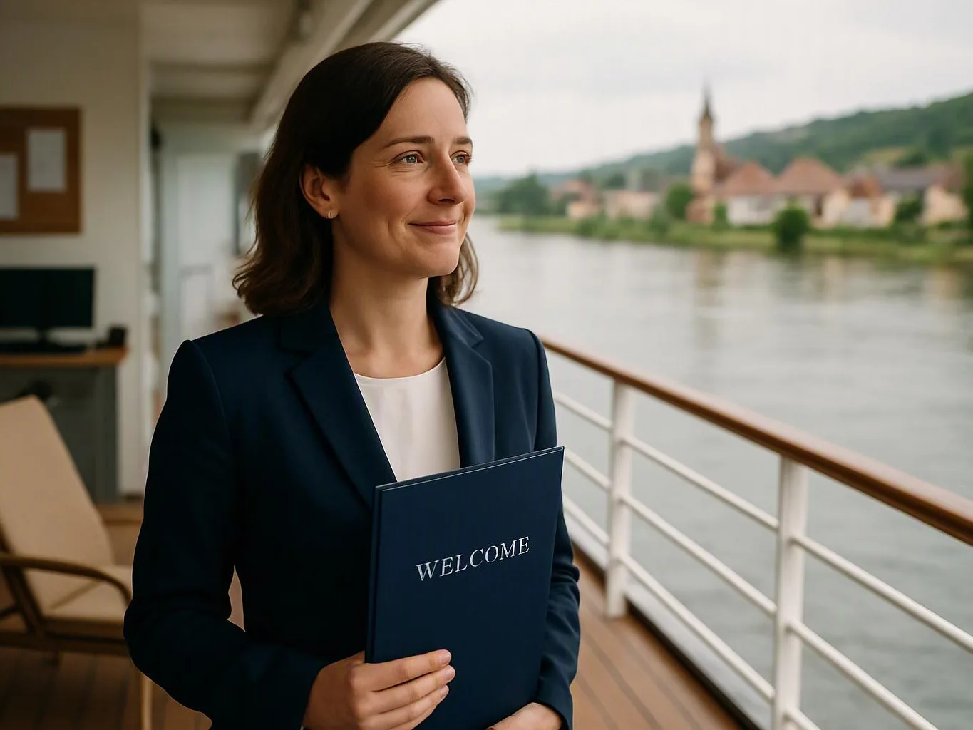 A smiling woman on a ship deck holds a blue folder labeled “WELCOME” beside a river view