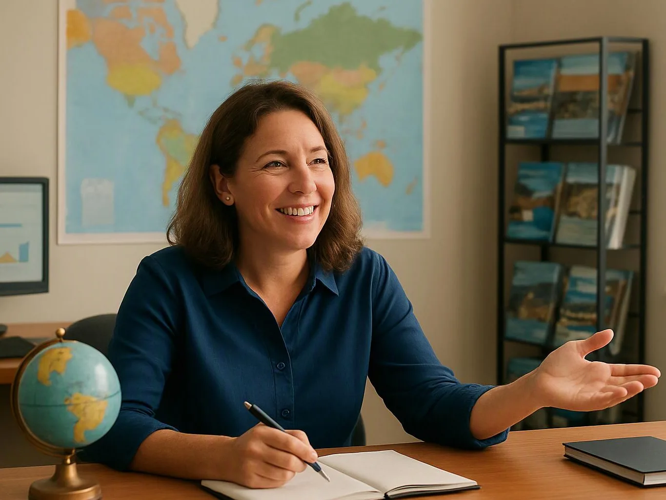 Smiling woman sits at a desk with a notebook, pointing while a globe and world map fill the office background