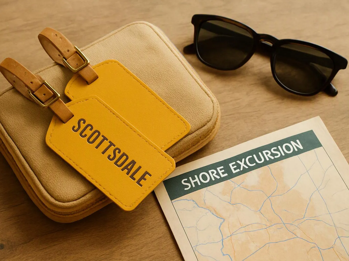A suitcase with yellow tags, black sunglasses, and a shore excursion map sits on a wooden surface