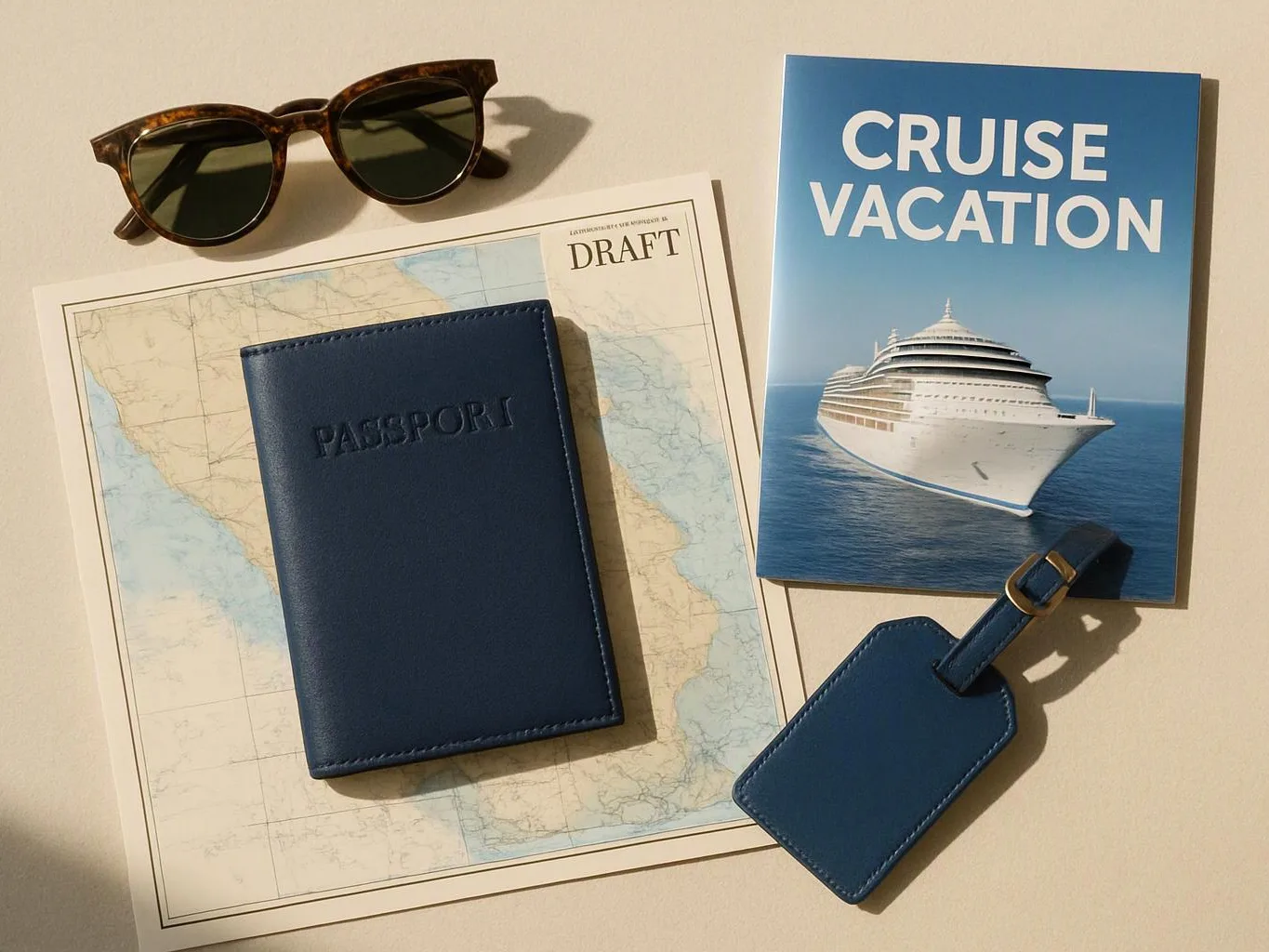 Sunglasses, a passport, a map, a luggage tag, and a cruise vacation brochure sit on a table