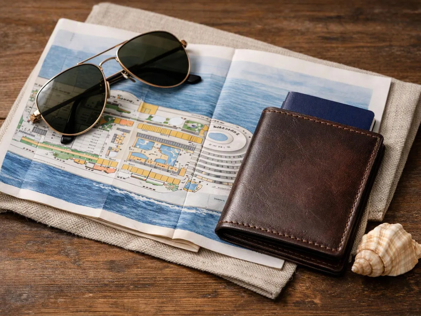 Sunglasses, a passport wallet, and a folded map rest on a wooden table with a seashell