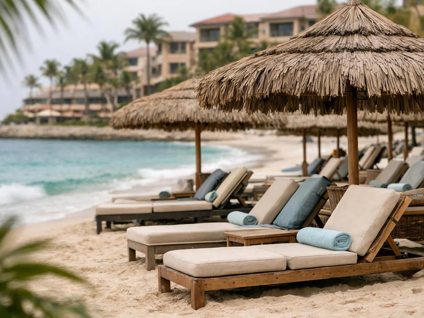 Thatched umbrellas shade cushioned beach loungers beside calm water and distant resort buildings