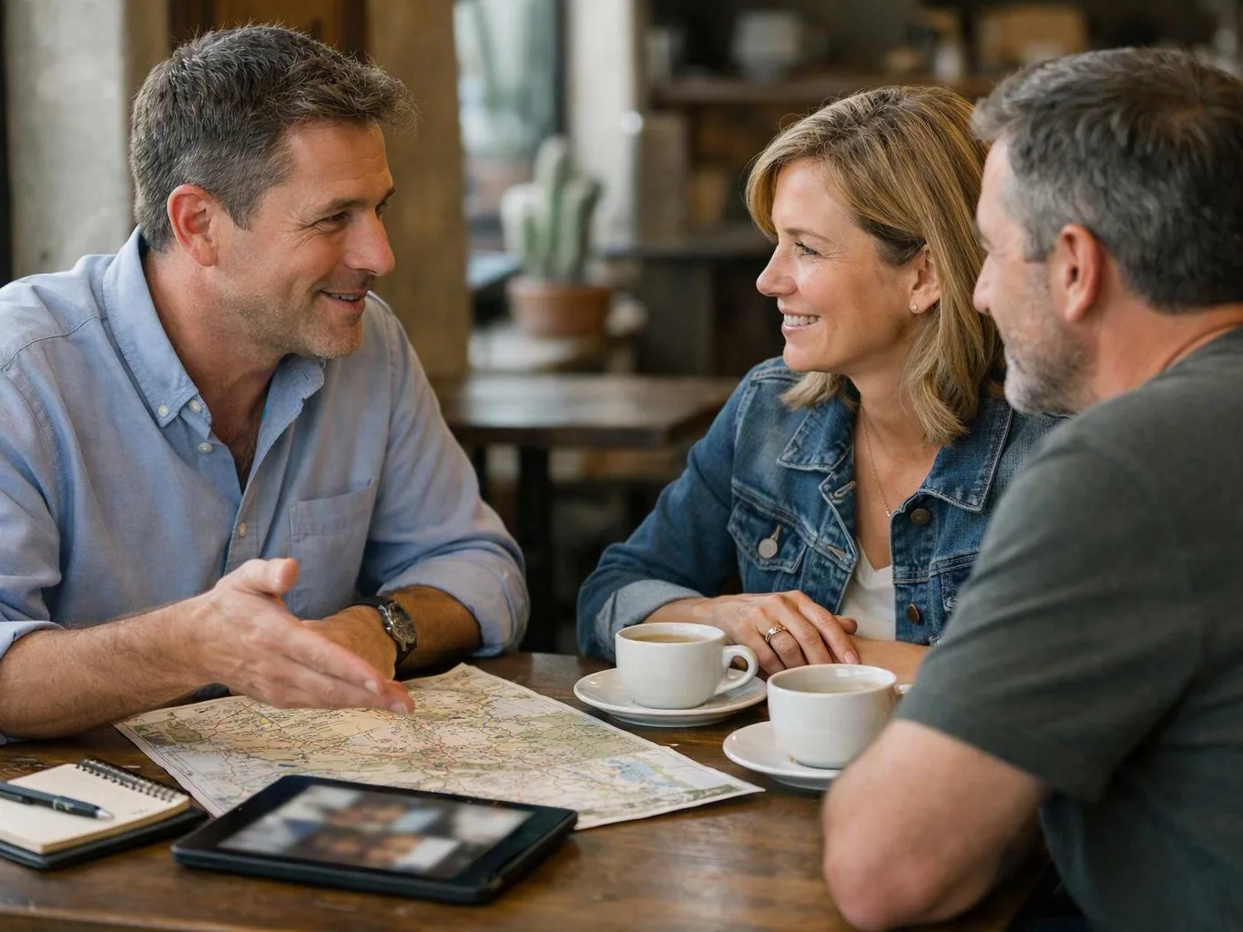 Three adults chat at a wooden table with coffee, a paper map, a notebook, and a tablet in a café