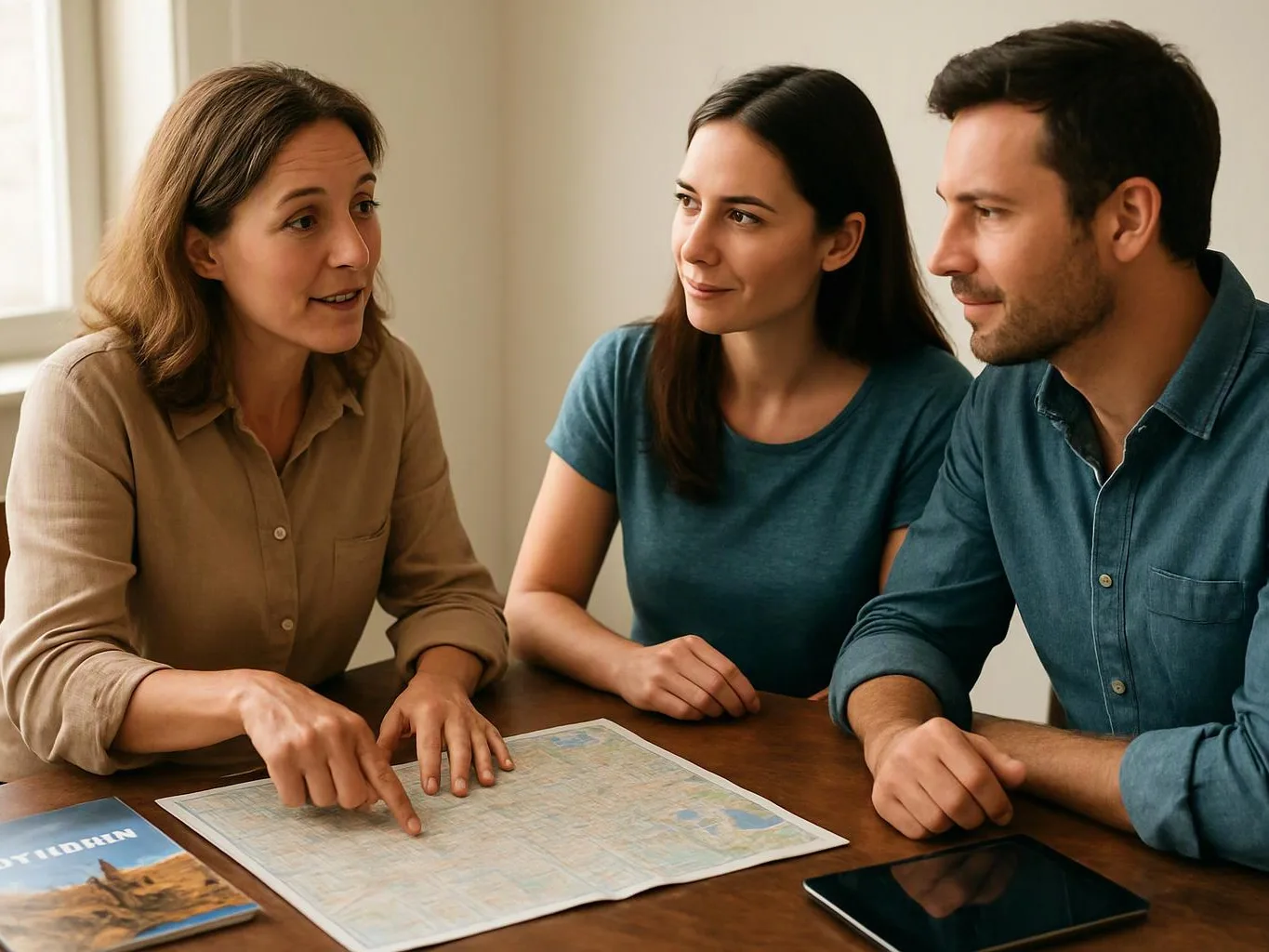 Three adults sit at a table, studying a paper map while one points and talks in a bright room