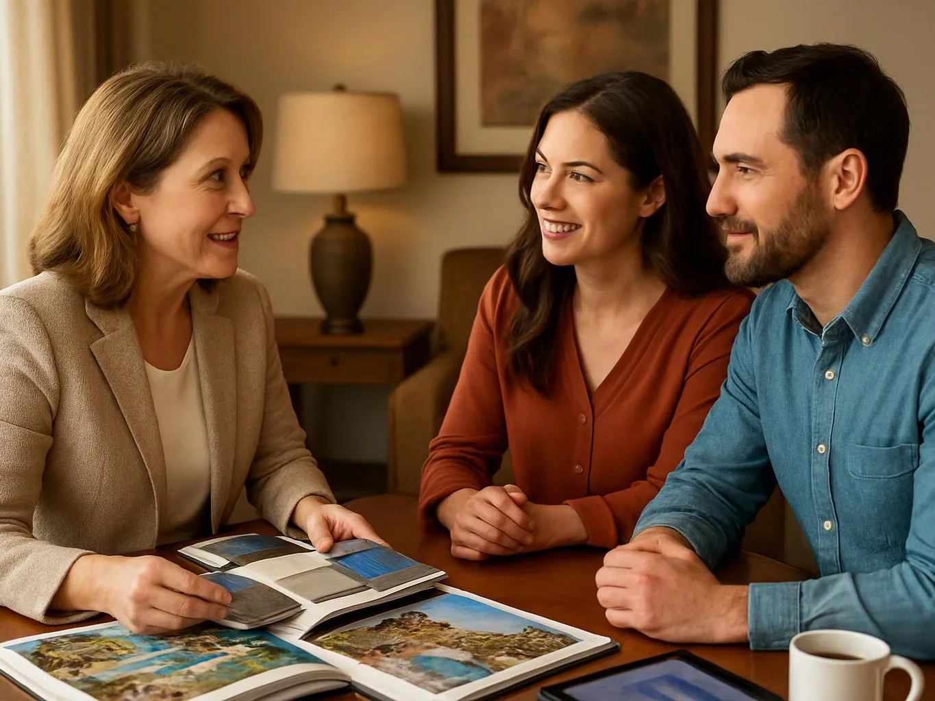 Three adults smile and talk across a table covered with open photo albums in a warm living room