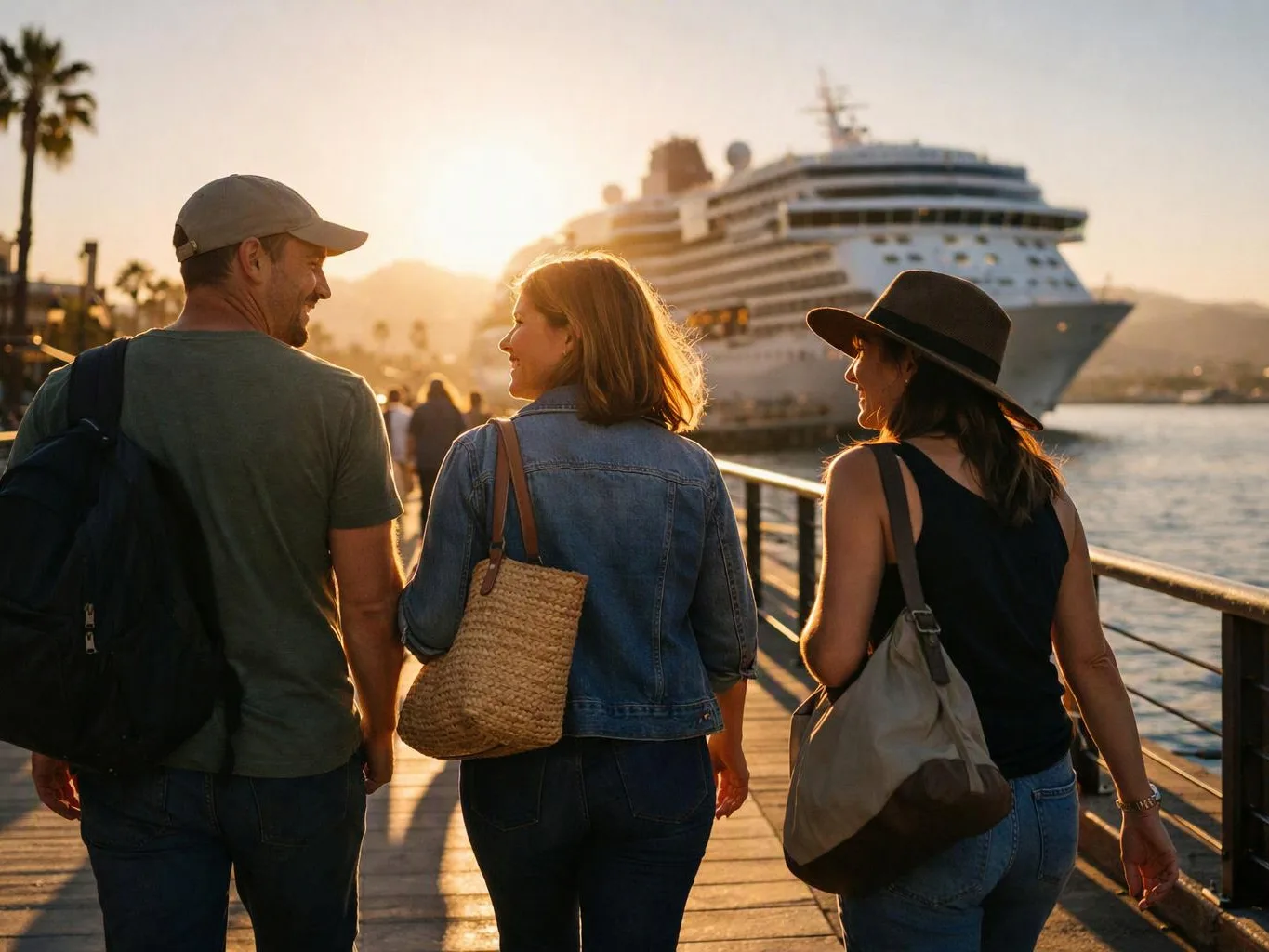 Three friends walk along a sunny waterfront pier beside a large cruise ship