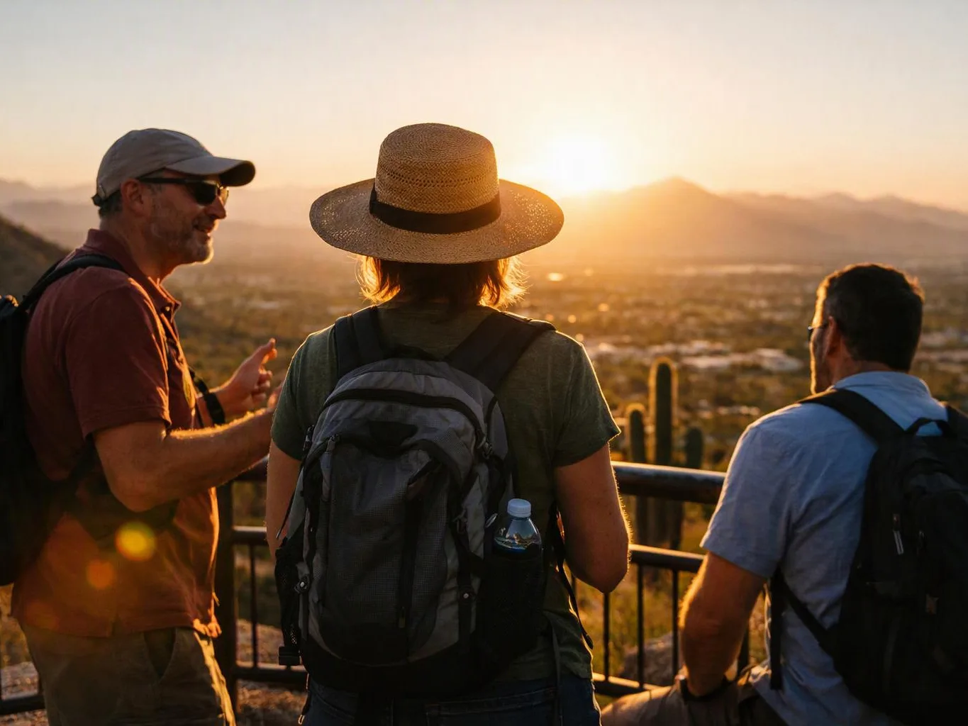 Three hikers with backpacks watch the sunset from a lookout above a desert valley