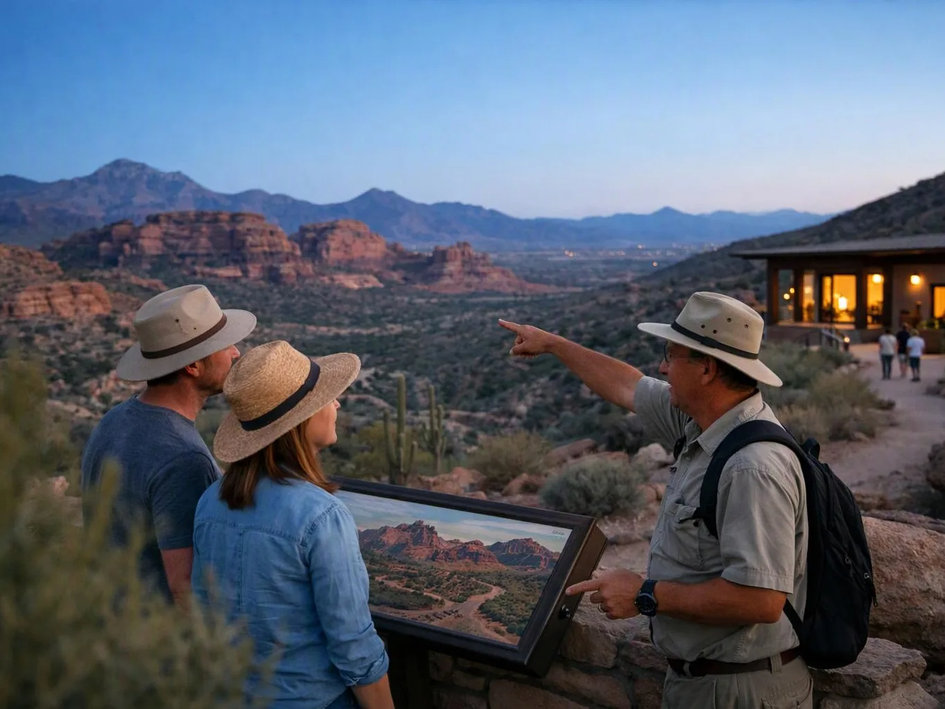 Three people in hats stand at a desert overlook while one points toward distant red cliffs at dusk