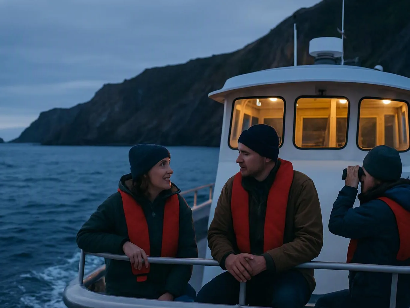 Three people in red life vests sit on a boat deck at dusk, with cliffs and water behind them