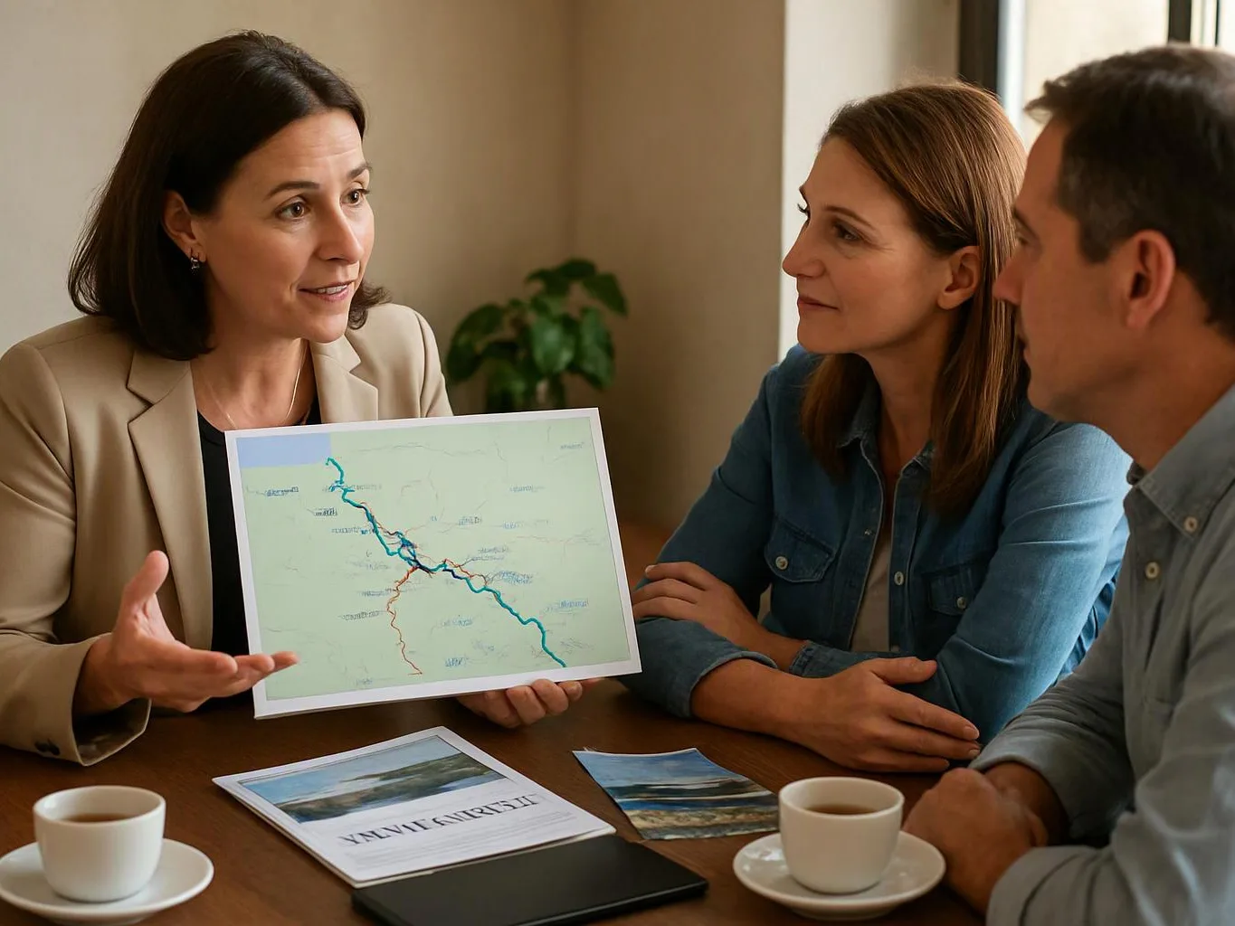 Three people sit at a table, discussing a map printout and brochures beside two cups of coffee