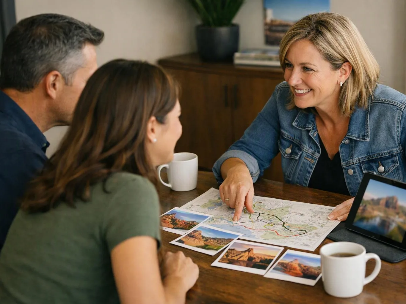 Three people sit at a table, looking at a map and travel photos while a woman points to a route on the paper