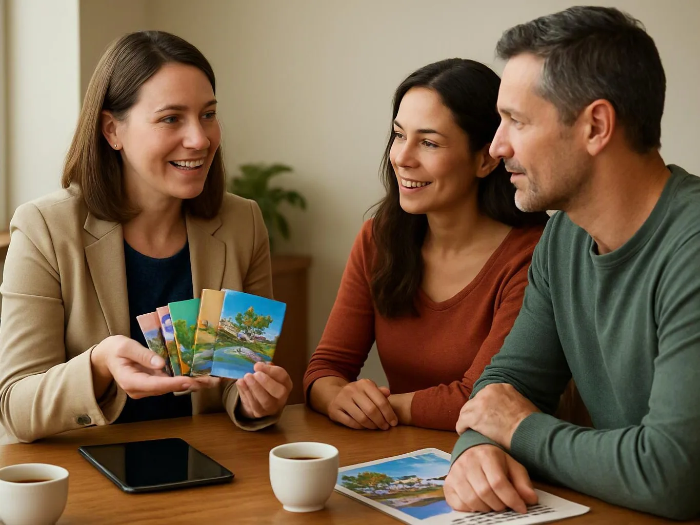 Three people sit at a table, smiling as one woman shows colorful photo cards to the others
