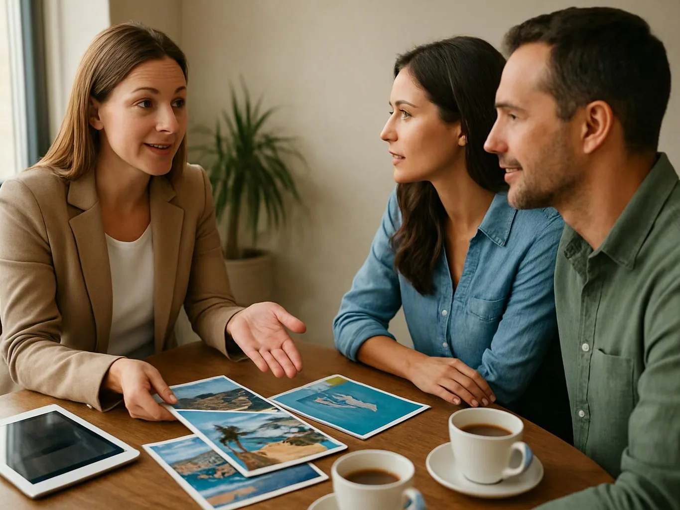 Three people talk at a table with travel photos, a tablet, and two cups of coffee in a bright room