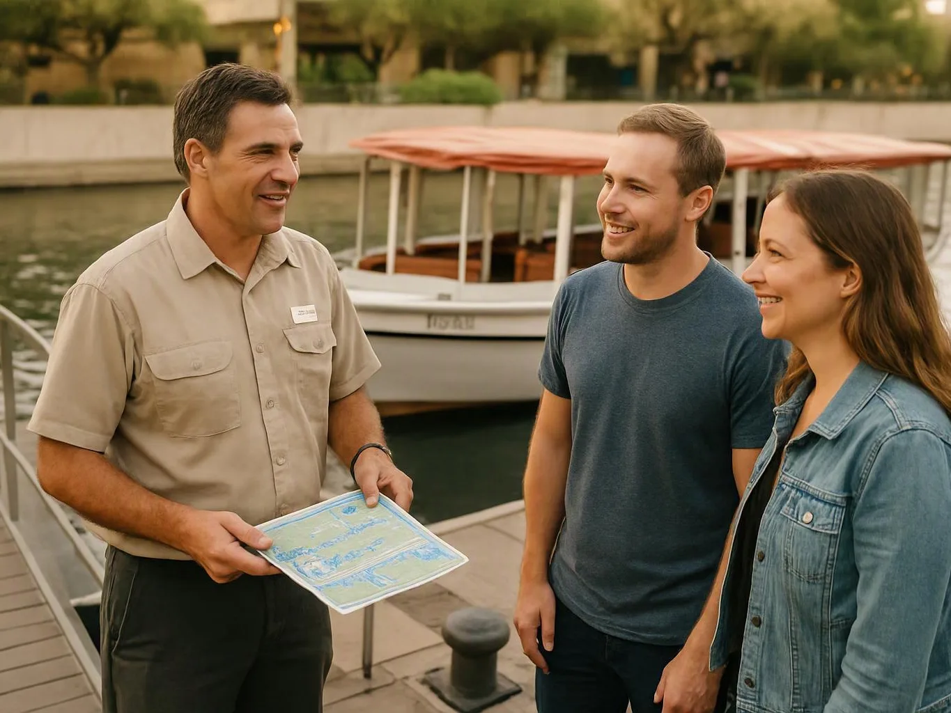 Three smiling adults stand by a dock, one holding a map while a boat floats behind them