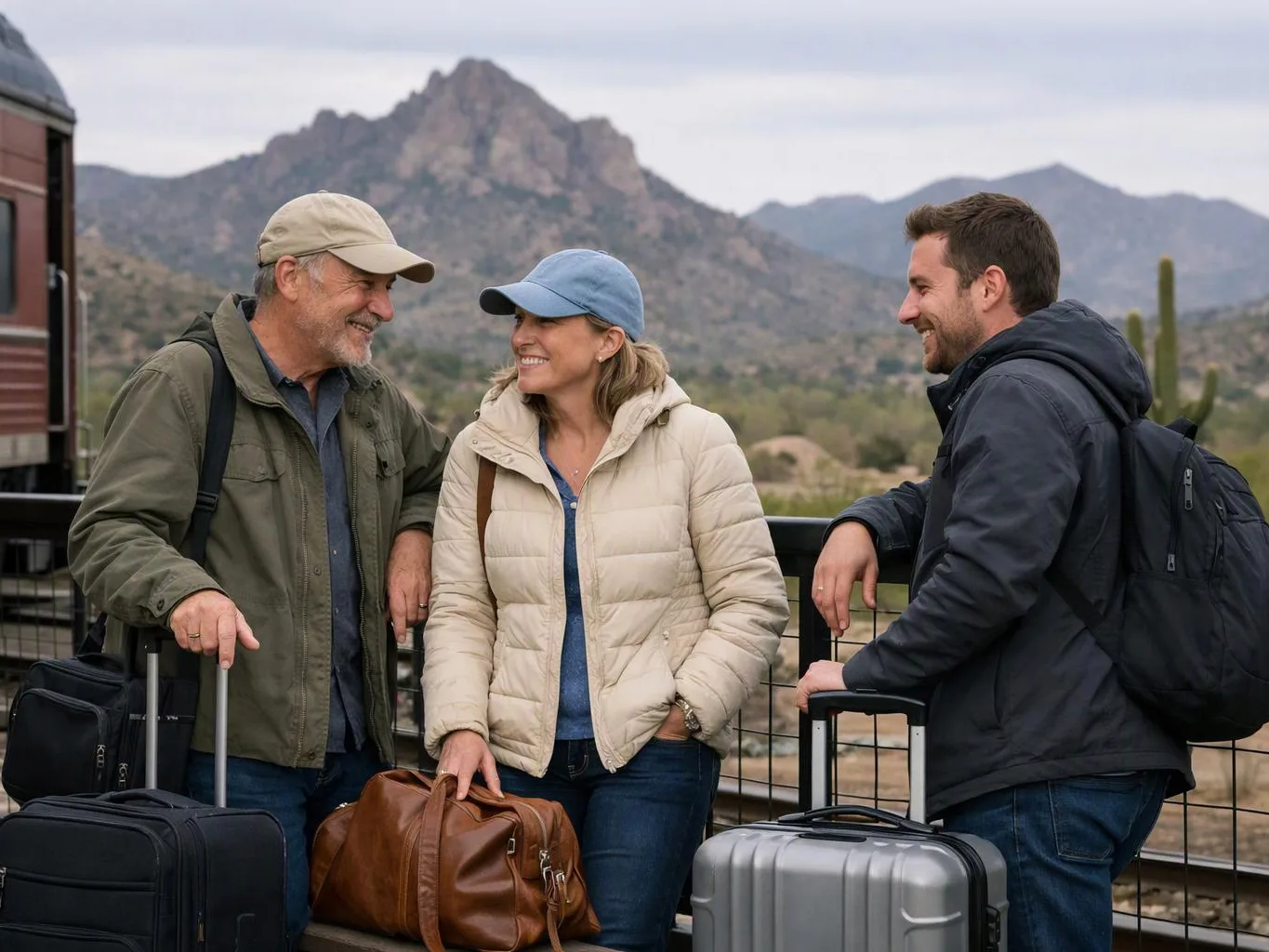 Three travelers chat by a railing with rolling suitcases, mountains rising behind them