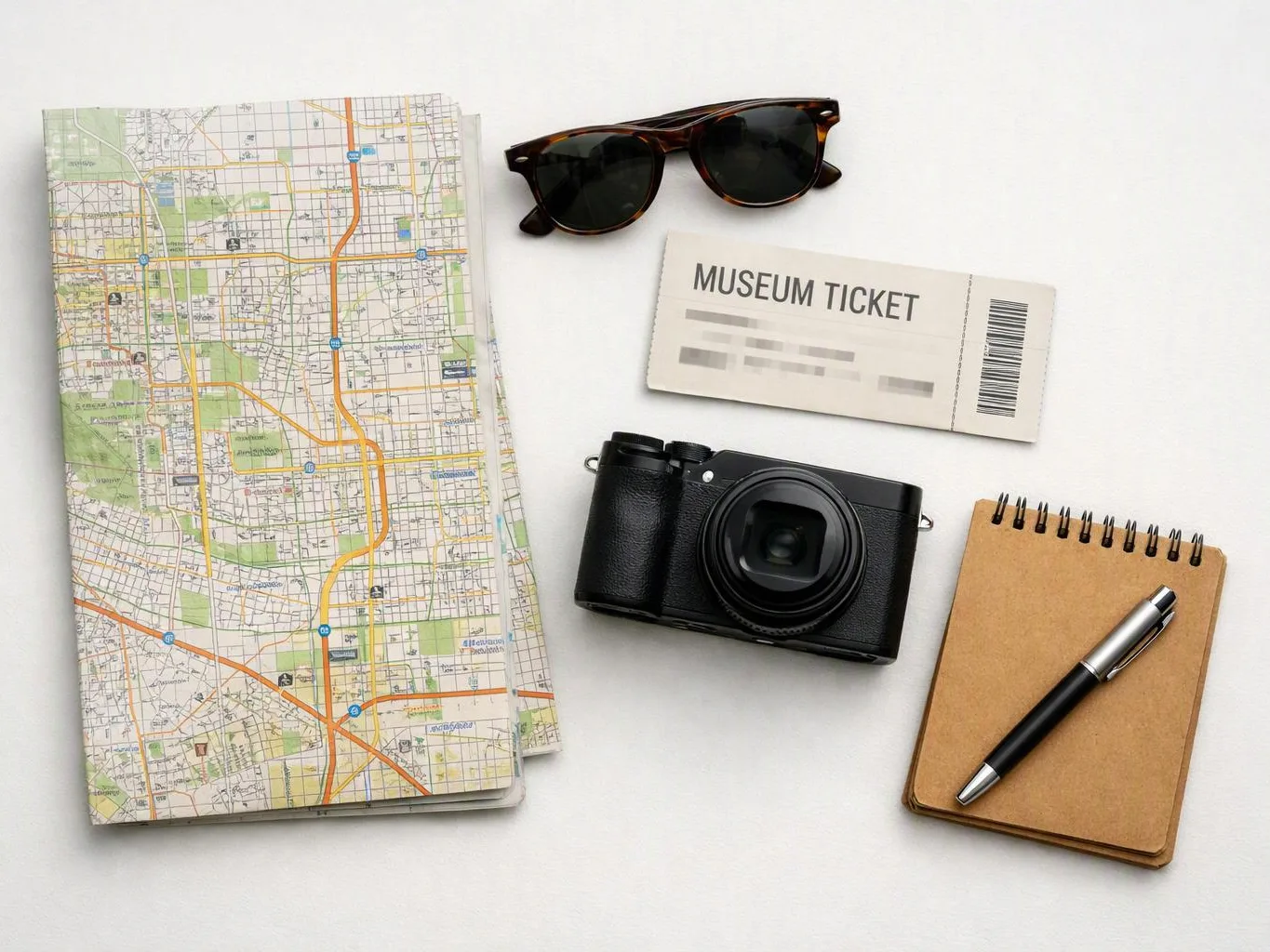 A travel flat lay shows a map, sunglasses, museum ticket, camera, and notepad with pen on a white surface