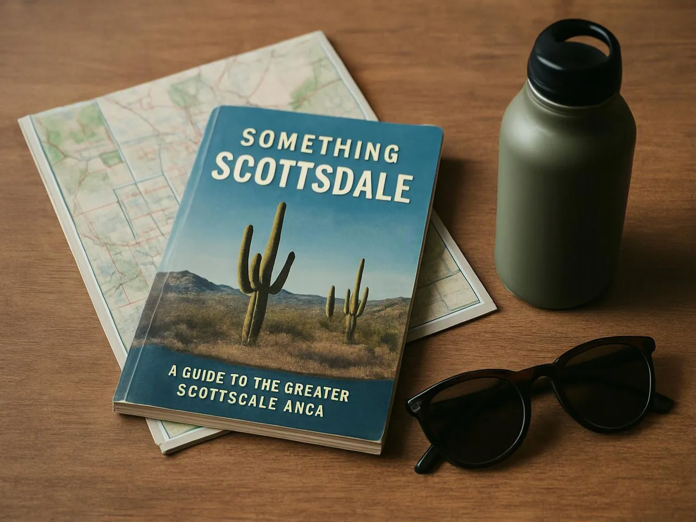 A travel guide, folded map, water bottle, and sunglasses sit on a wooden table