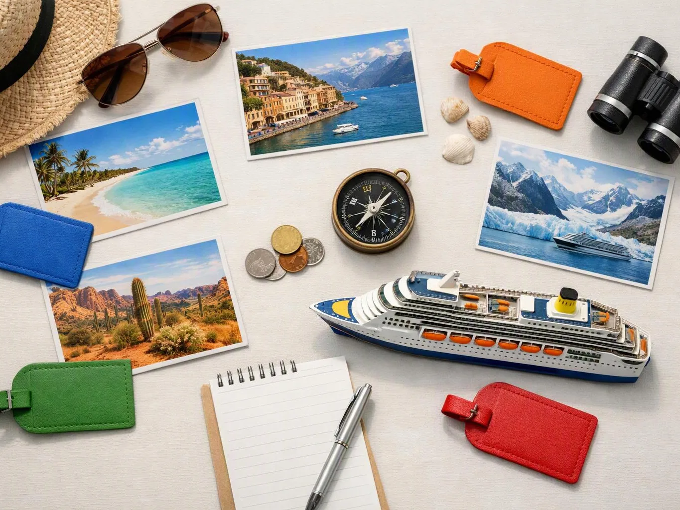 Travel objects and photos lie on a white surface, with a toy cruise ship, compass, binoculars, shells, sunglasses, notebook
