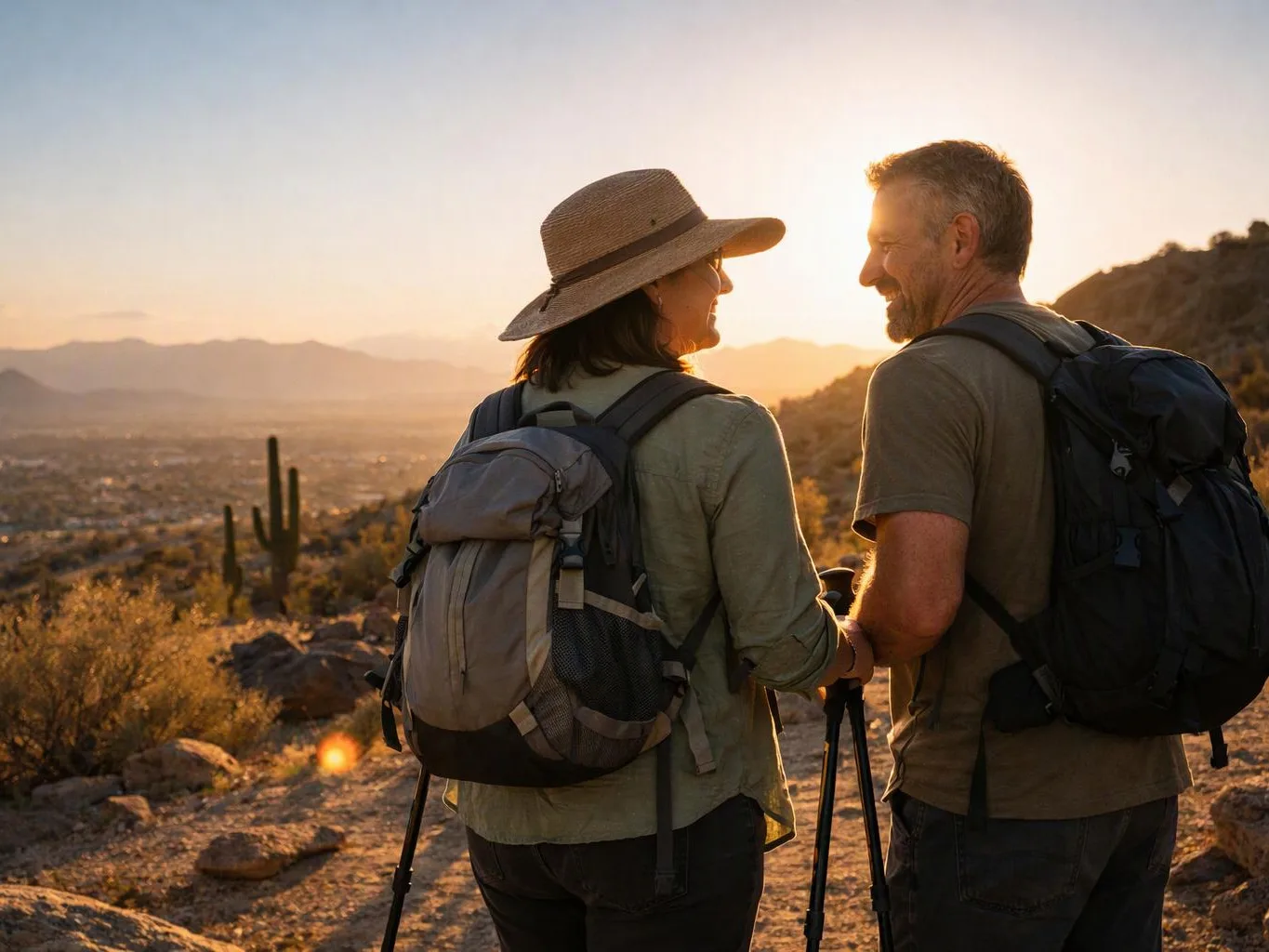 Two hikers with backpacks smile at each other on a rocky desert trail at sunset