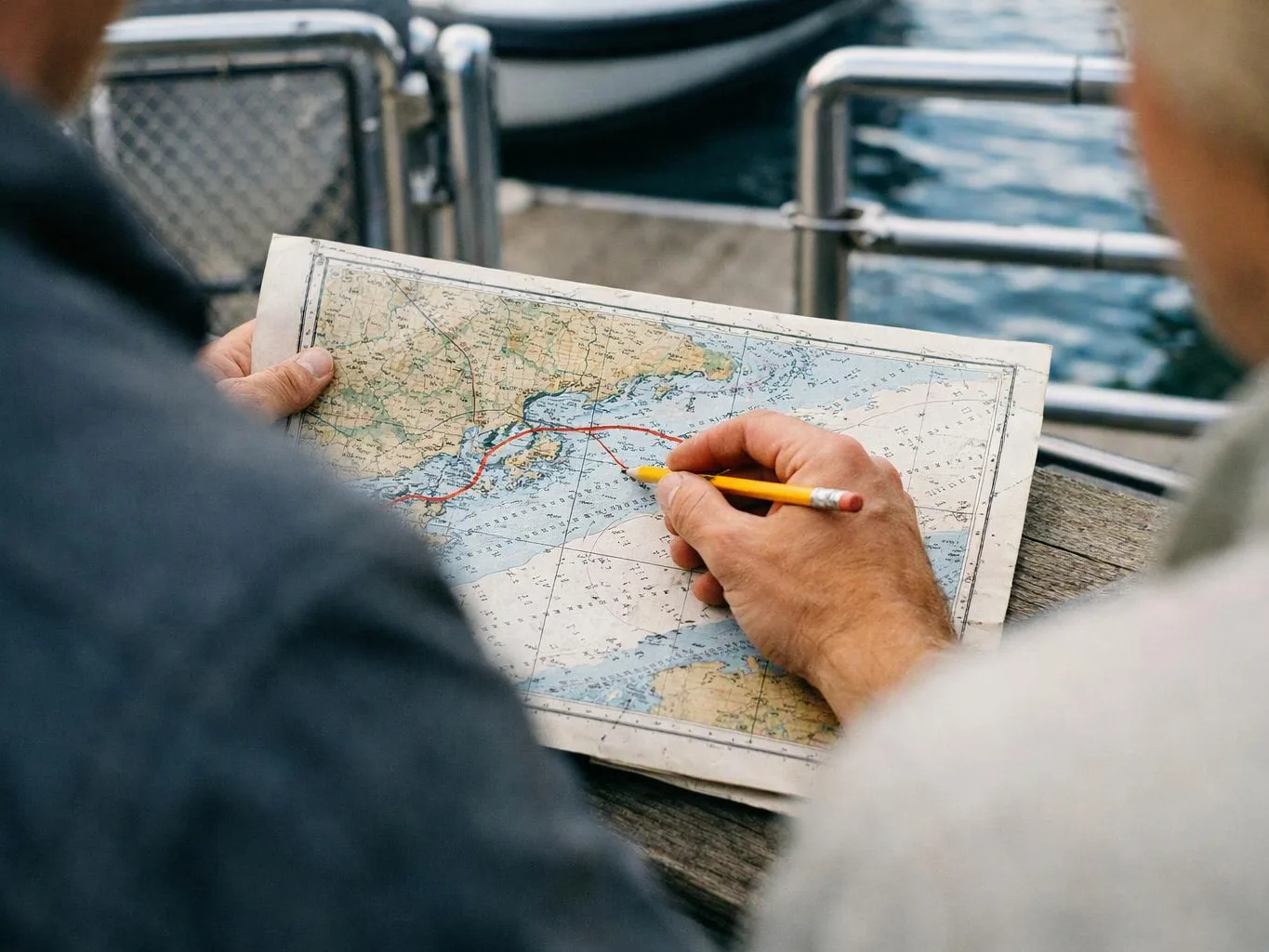 Two people study a nautical chart on a dock, one tracing a route with a yellow pencil
