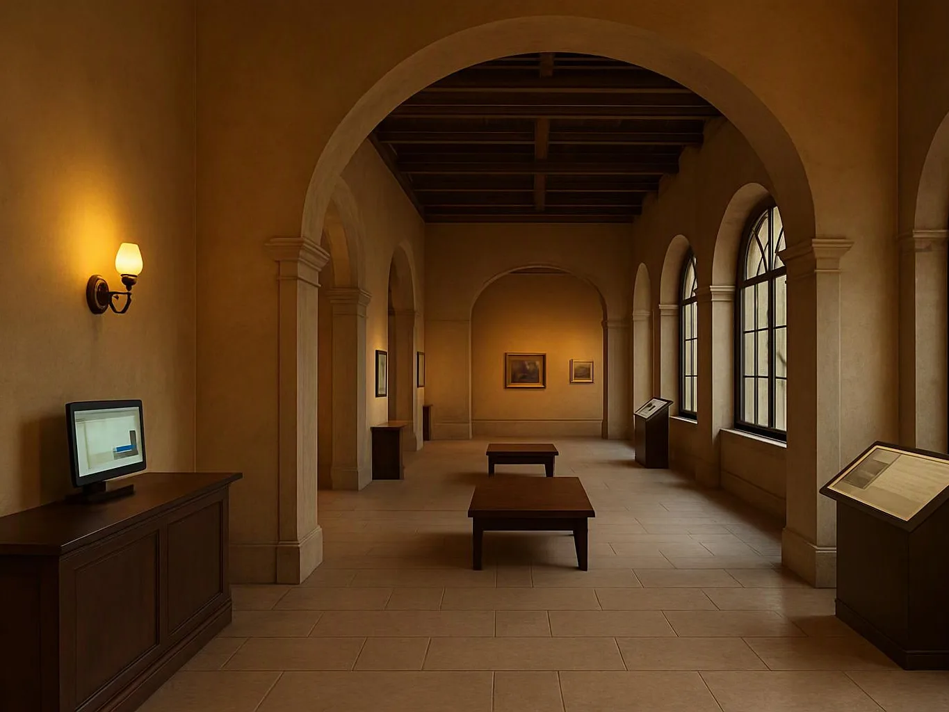 A warm museum corridor with arches, framed art, benches, wall lamps, and display stands along the windows