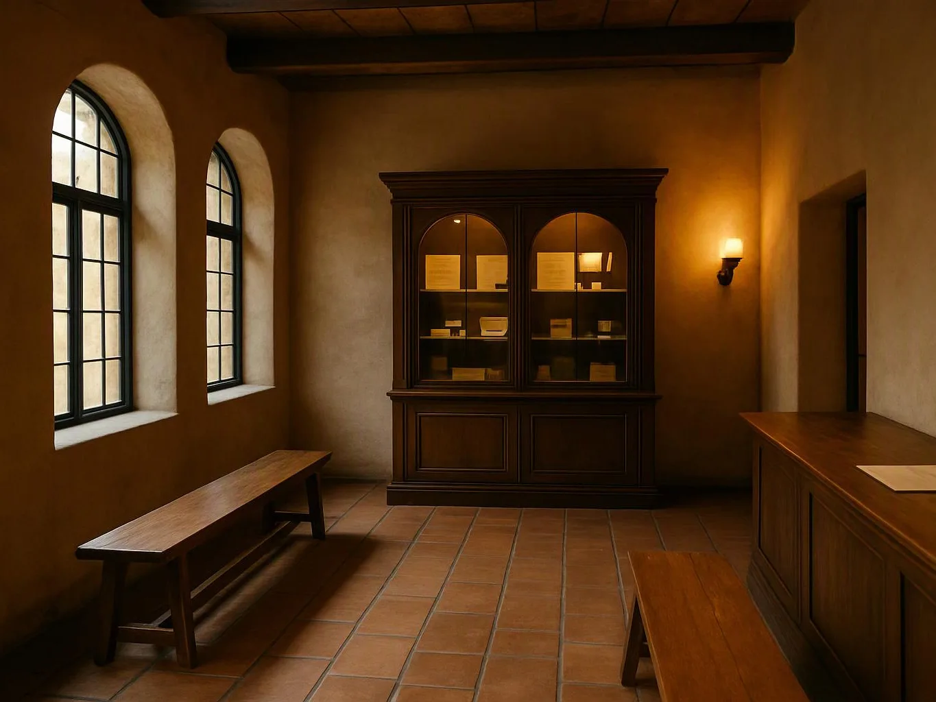 A warm museum room shows arched windows, wooden benches, a display cabinet, and tiled floors