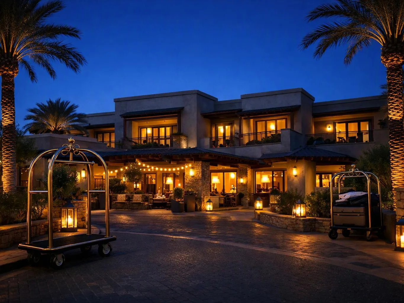 A warmly lit hotel entrance with palm trees, luggage carts, and guests visible through glowing windows at dusk