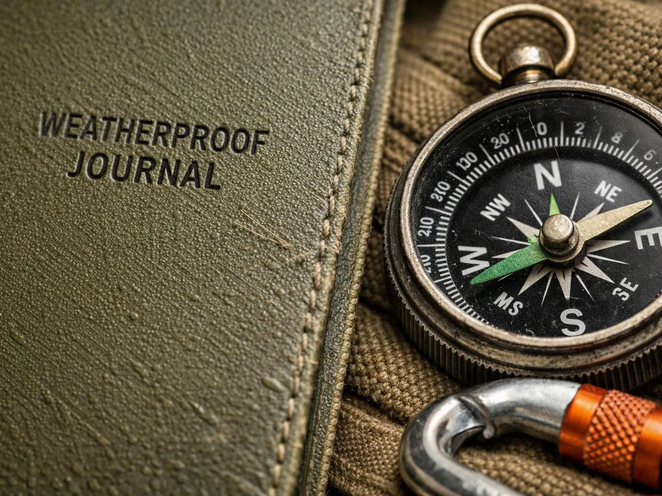 A weatherproof journal lies beside a compass and carabiner on a textured fabric surface