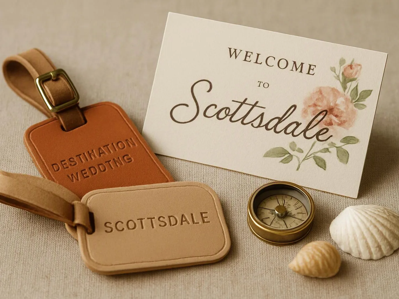 Wedding travel tags and a welcome card sit beside a compass and seashells on beige fabric