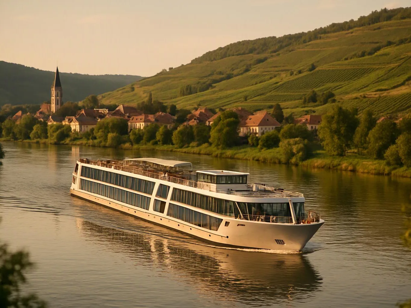 A white river cruise boat glides past a village and green hills at sunset