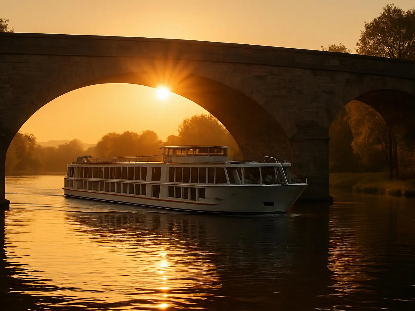 A white riverboat glides under a stone arch bridge at sunset on calm water
