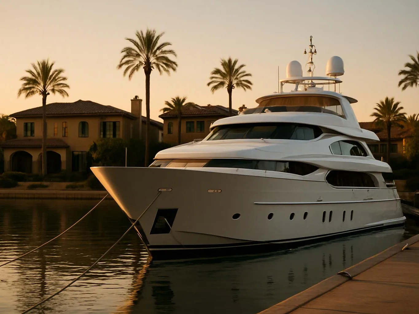 A white yacht sits moored in calm water beside houses and palm trees at sunset