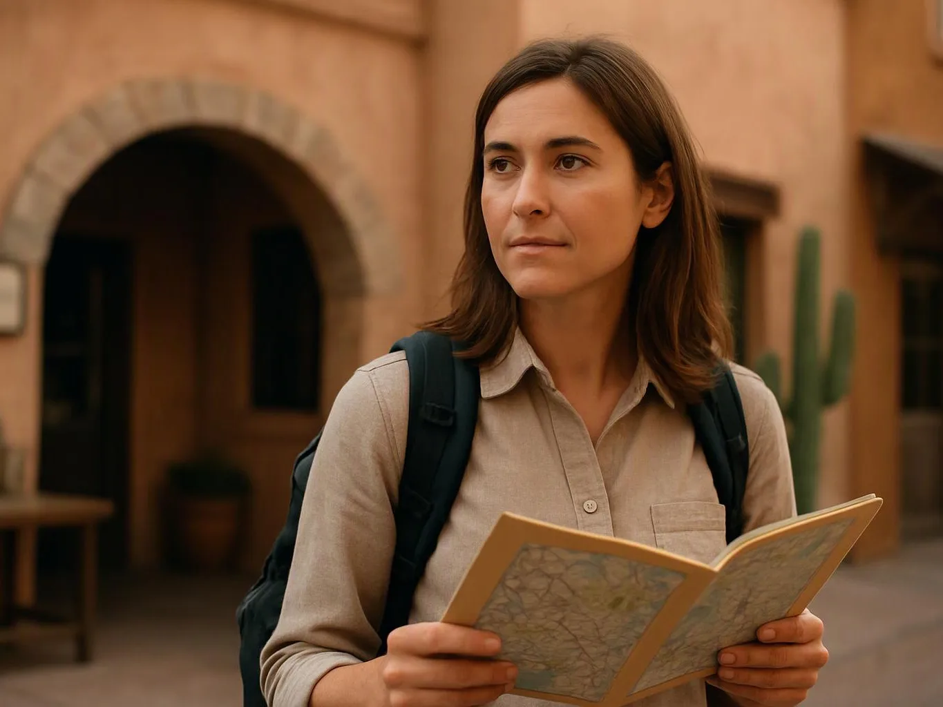 A woman with a backpack holds an open map and looks off to the side outside a stucco building